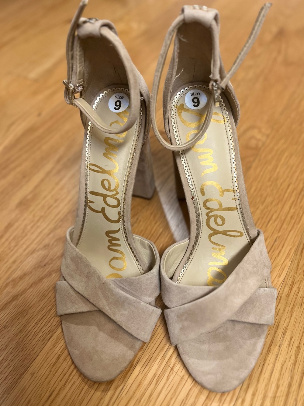Sam Edelman Tan Suede Ankle Strap Block Heel Sandals Size 9
